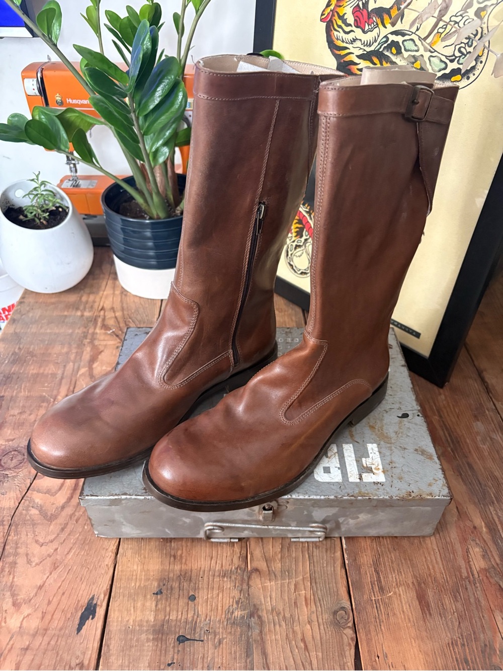 Brown Leather Mid-Calf Boots